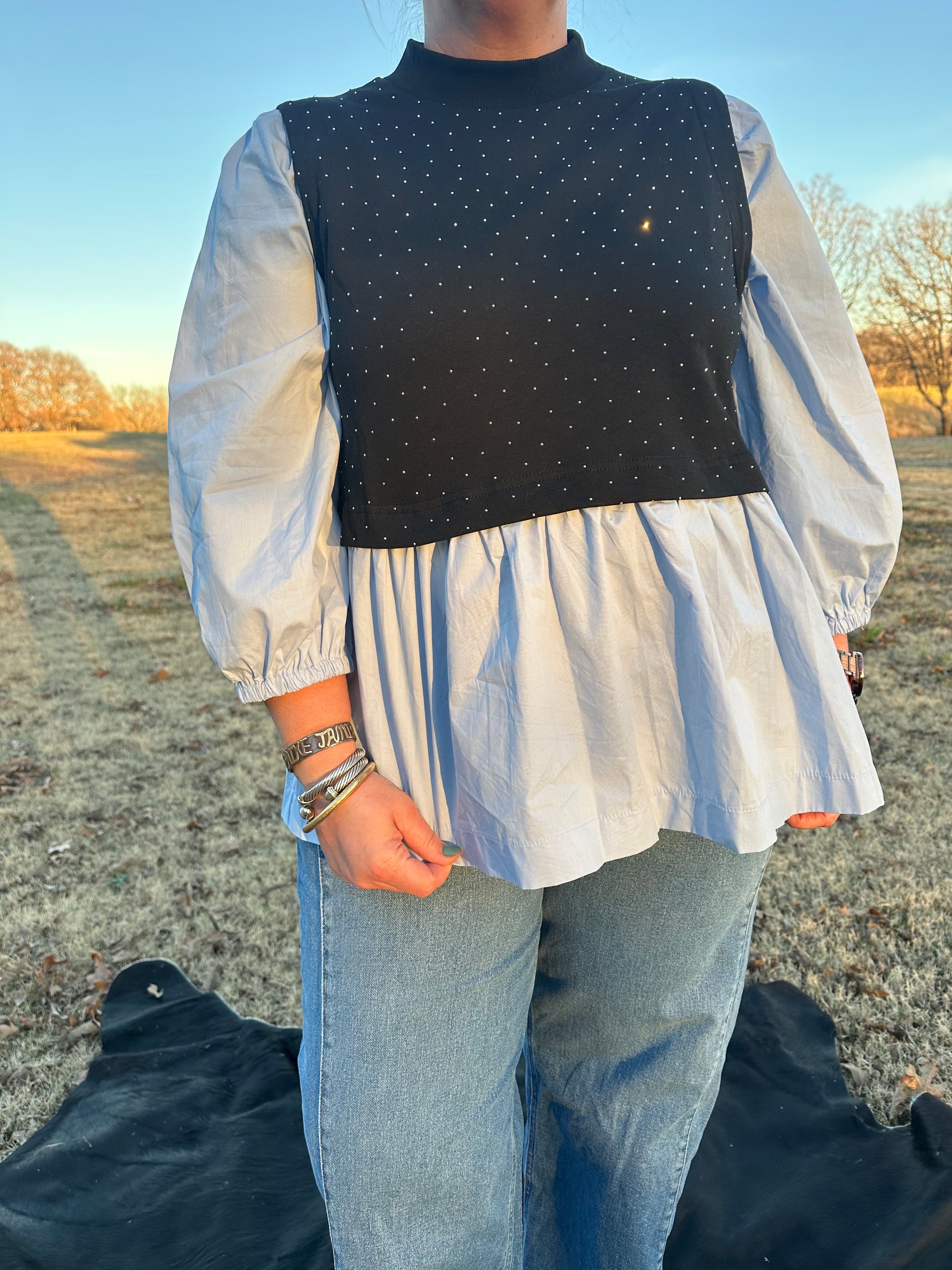 navy and baby blue sparkly top