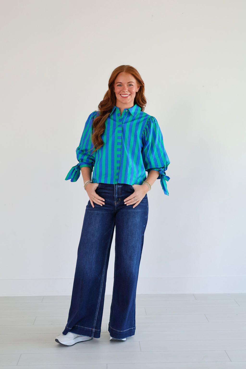 green and blue stripe top