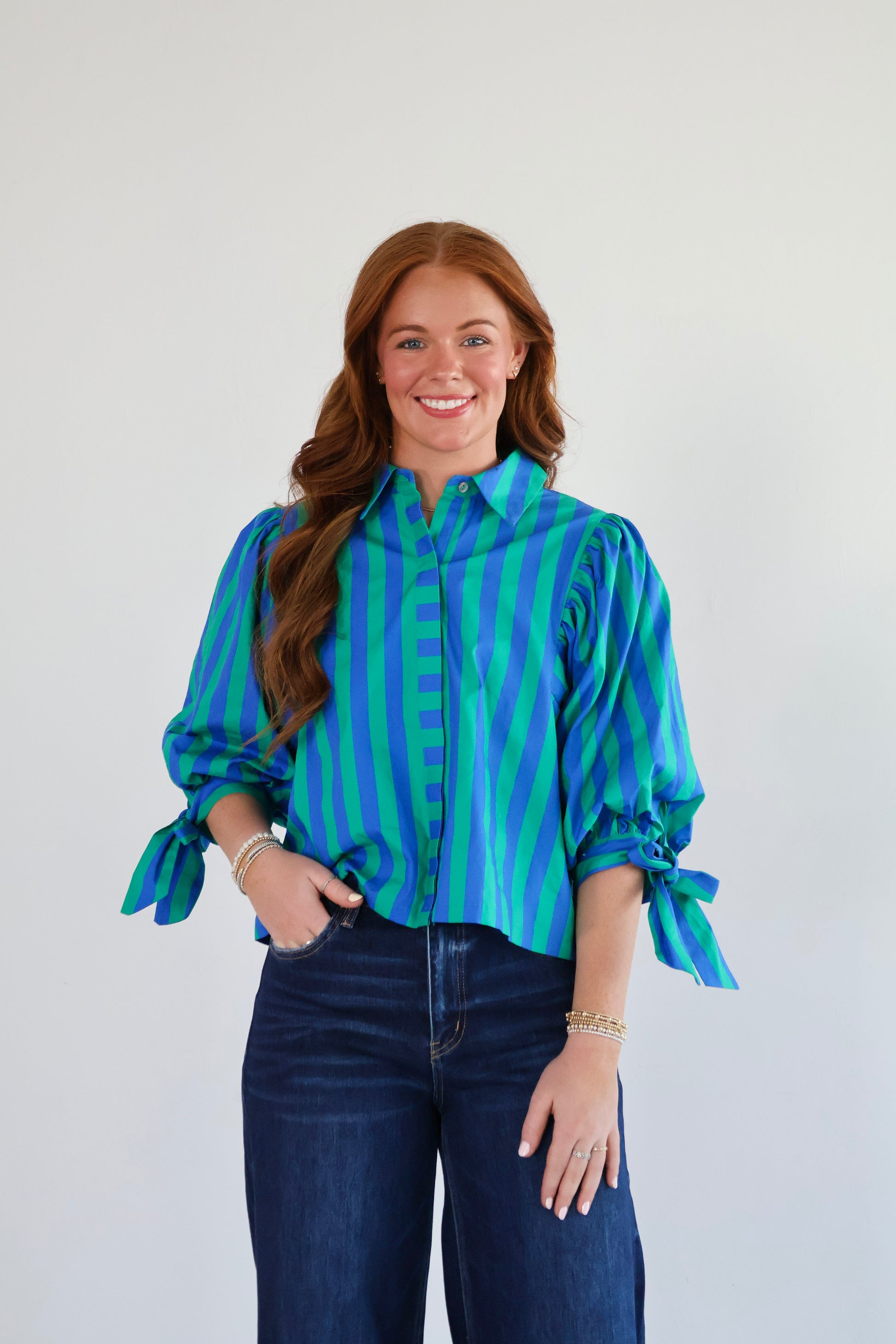 green and blue stripe top