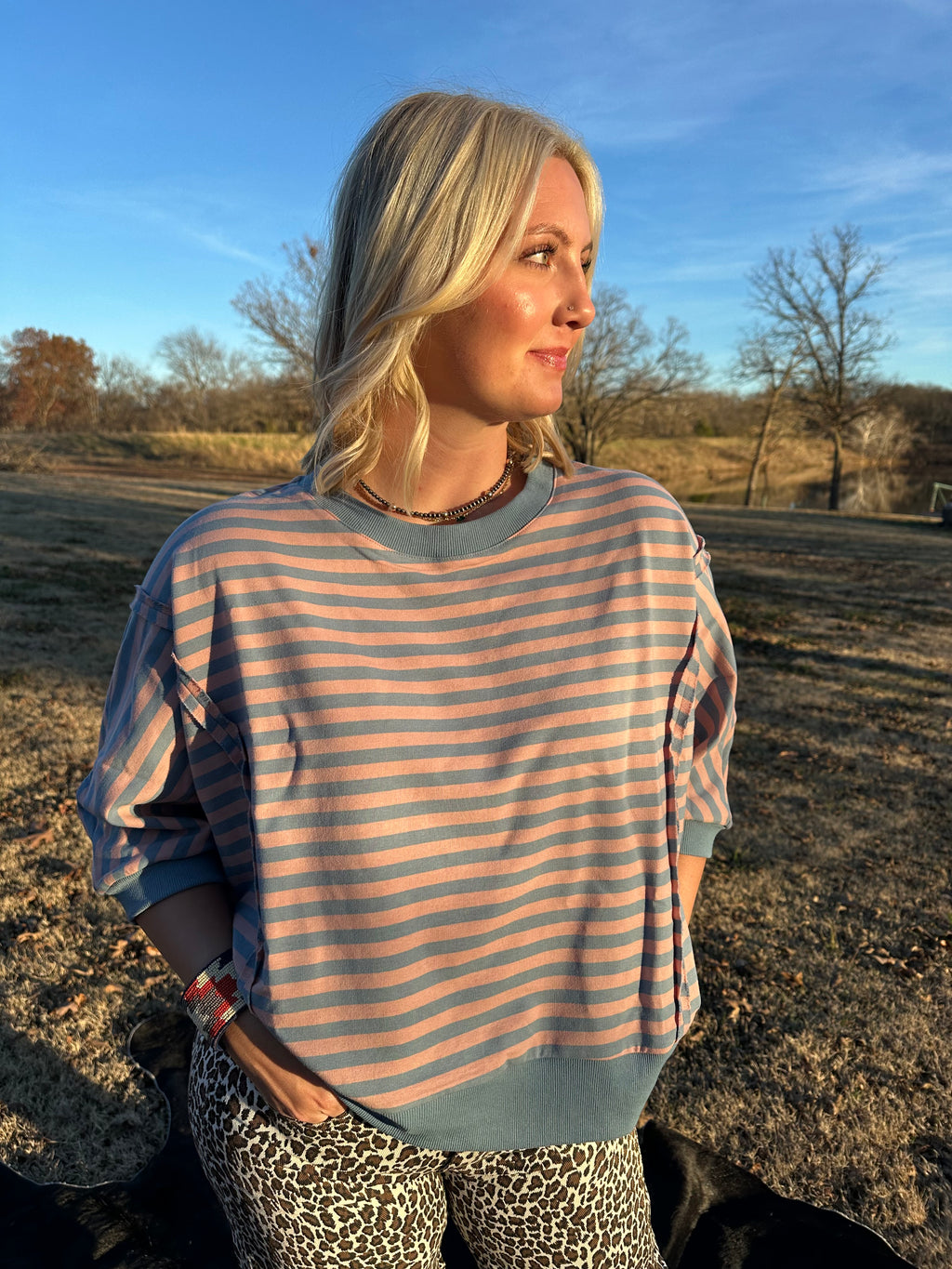 blue and pink sweater