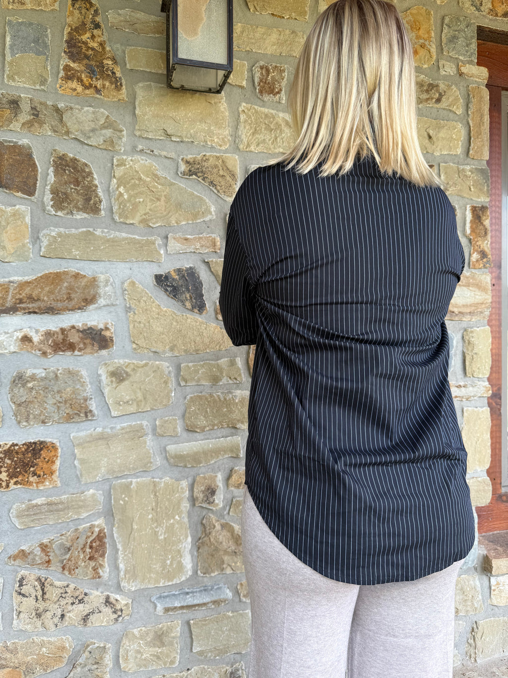Black and white pin stripe button up