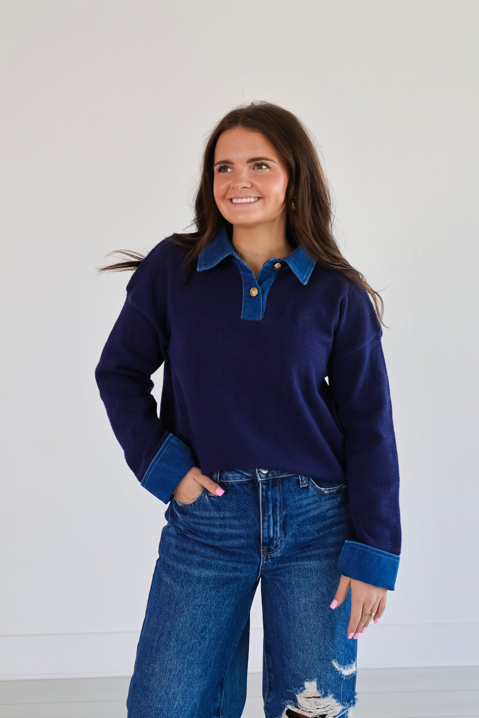 denim collar navy sweater