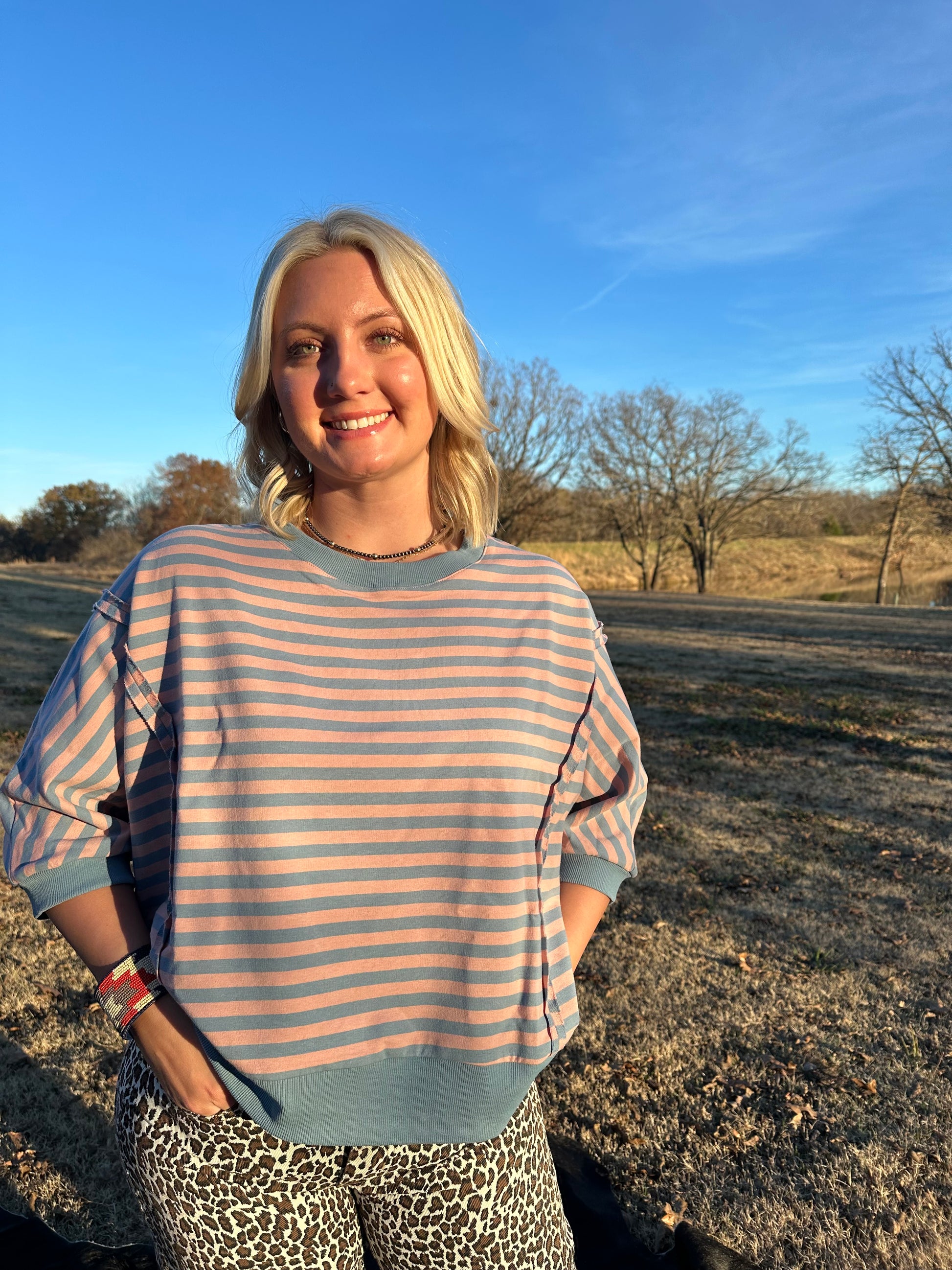 blue and pink sweater