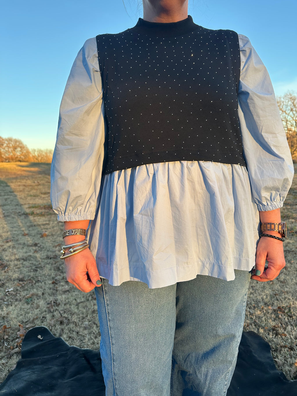 navy and baby blue sparkly top