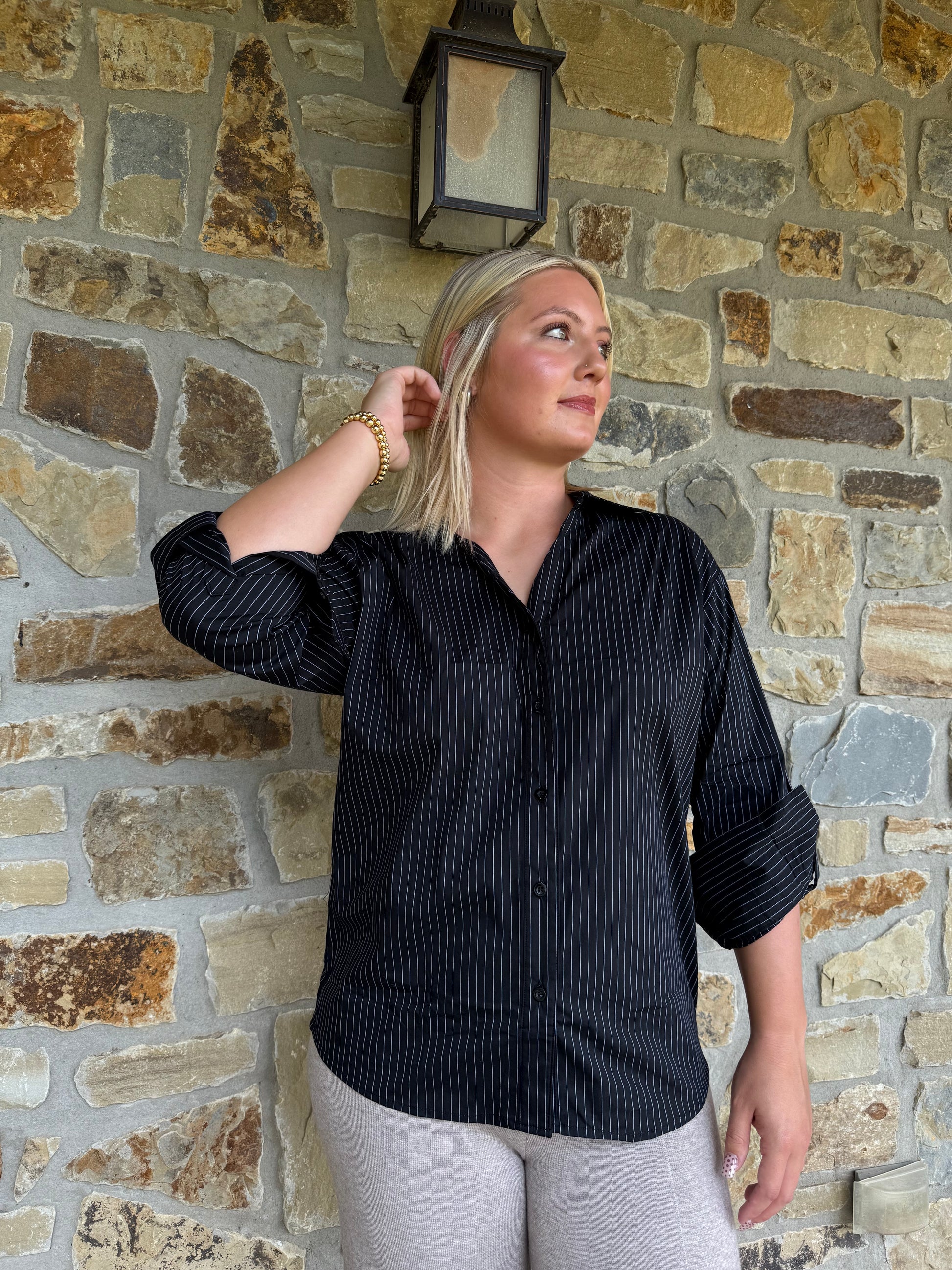 Black and white pin stripe button up