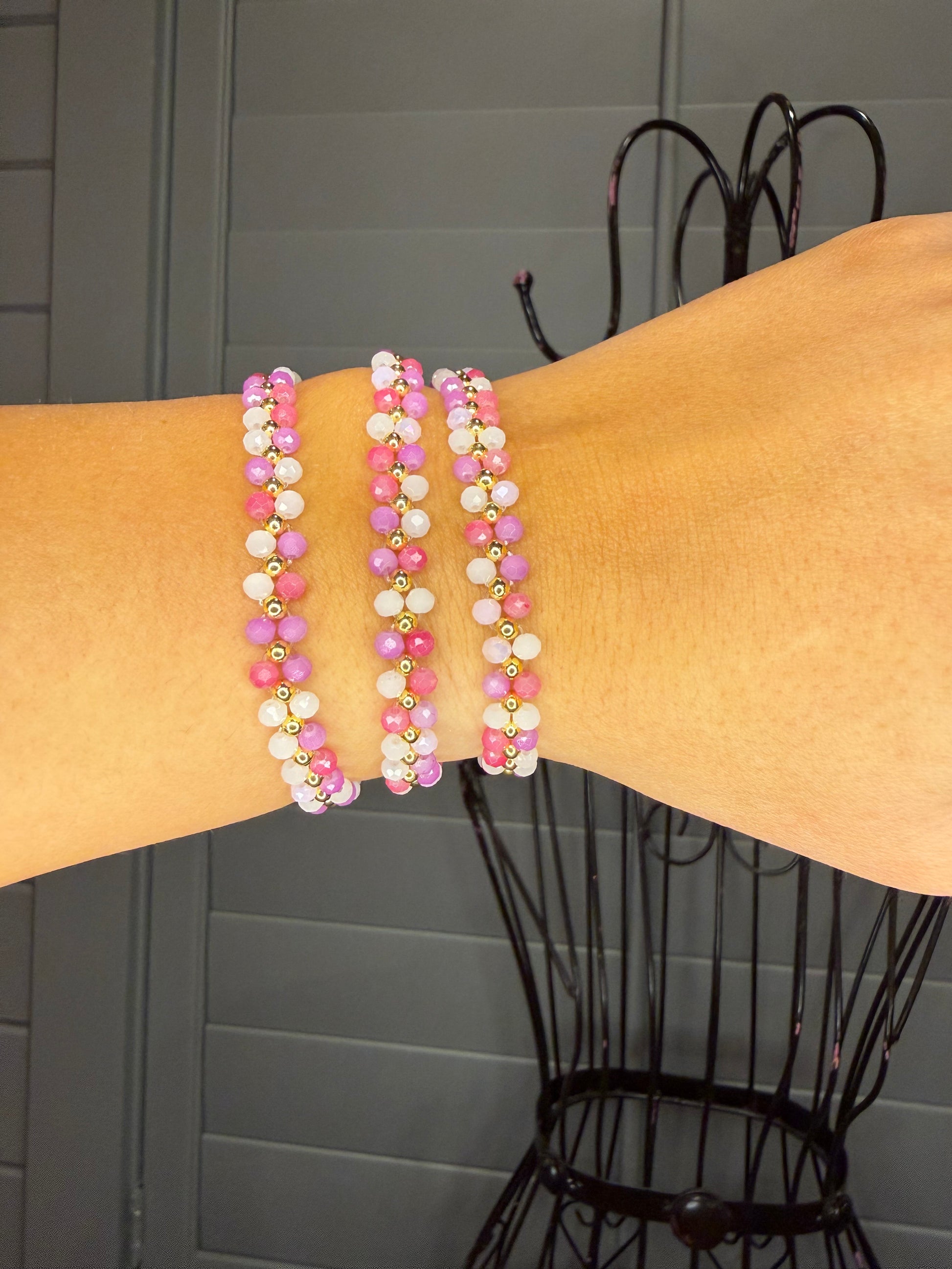 White and Pink Beaded Bracelet Set