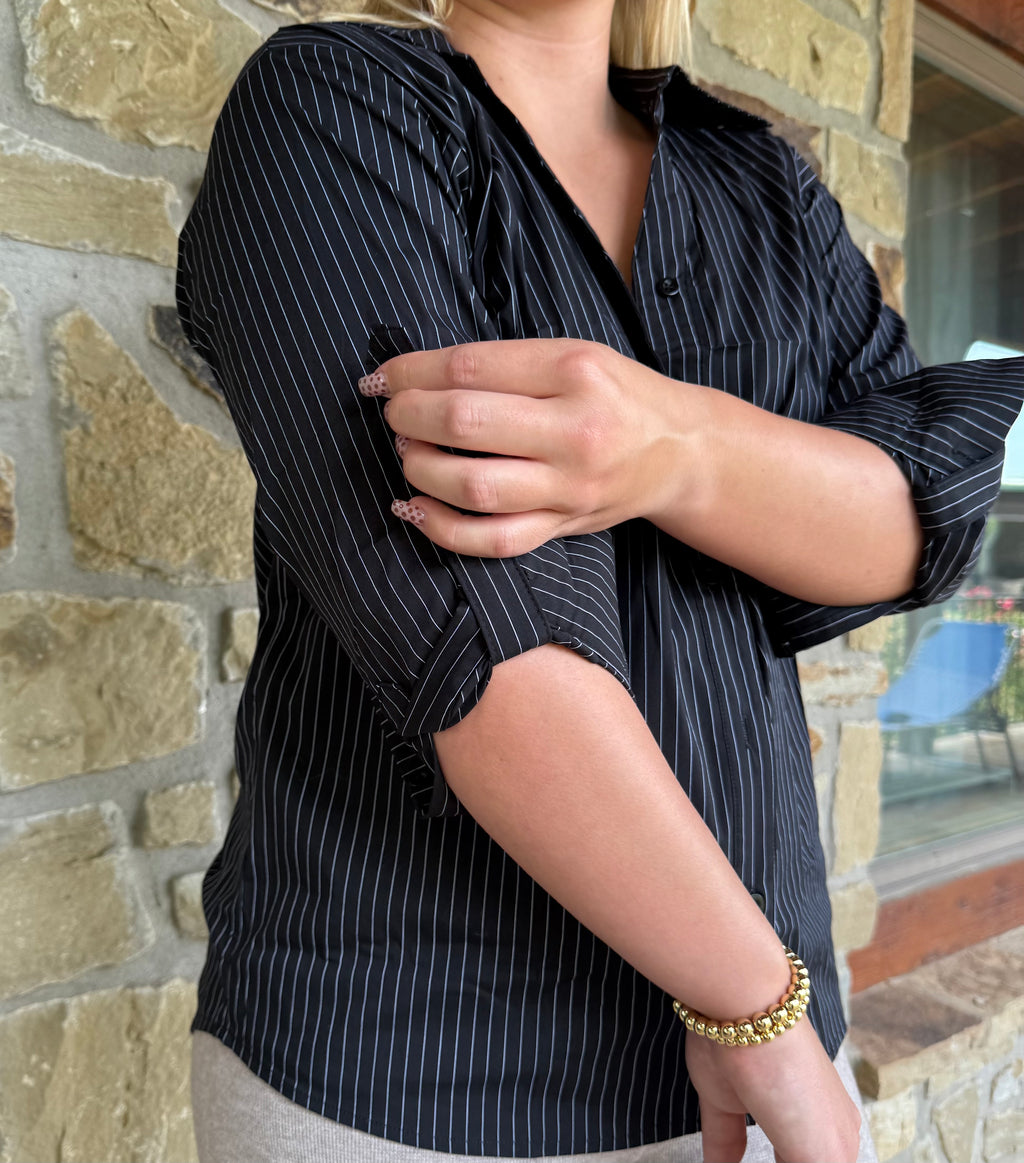 Black and white pin stripe button up