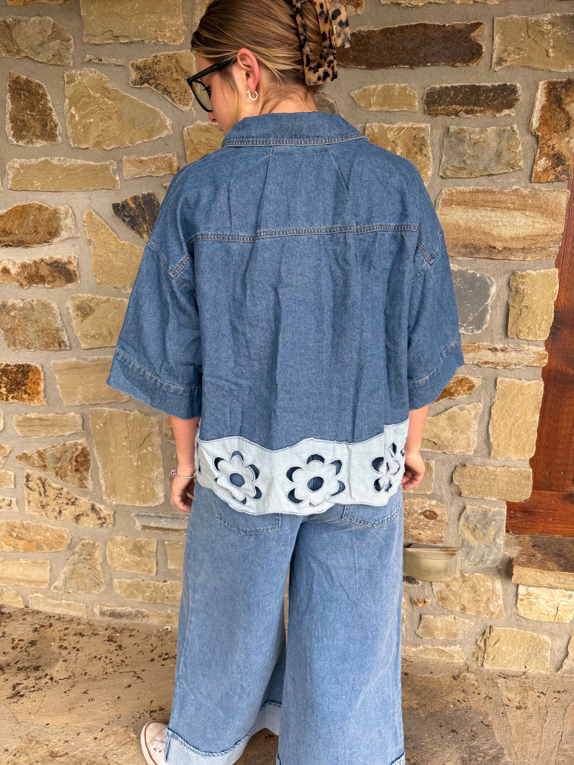 Flower Denim Button Up