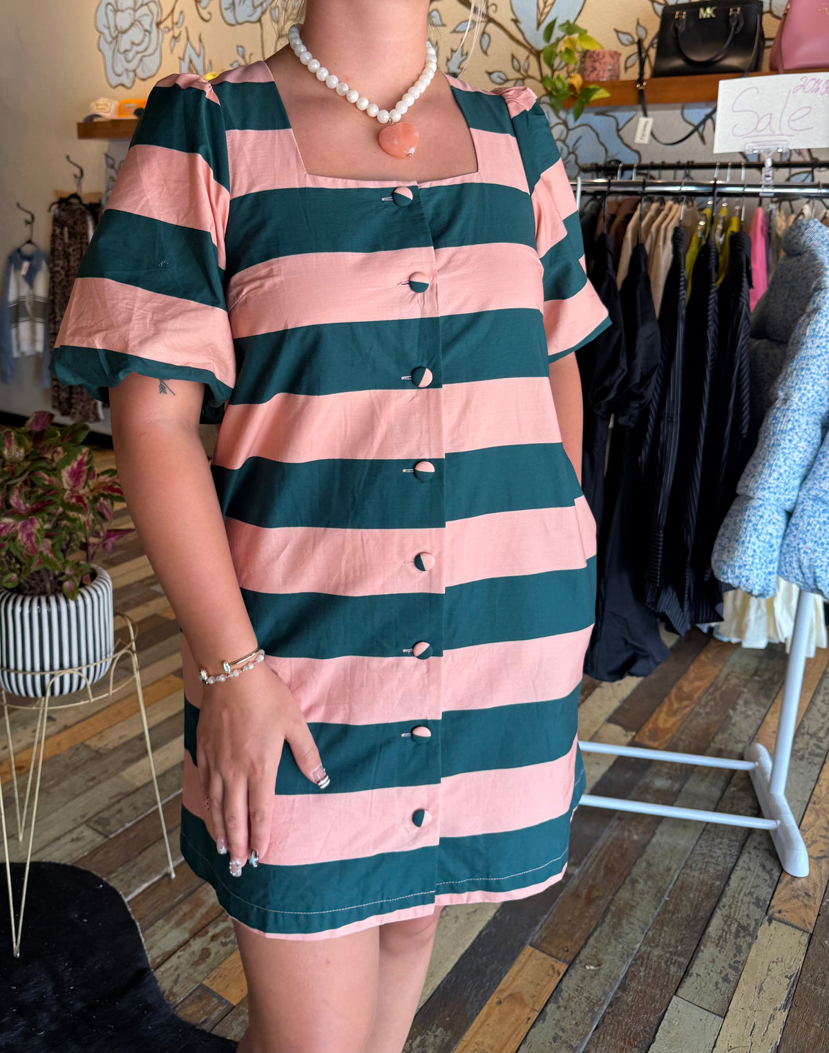 Green and Pink button up dress